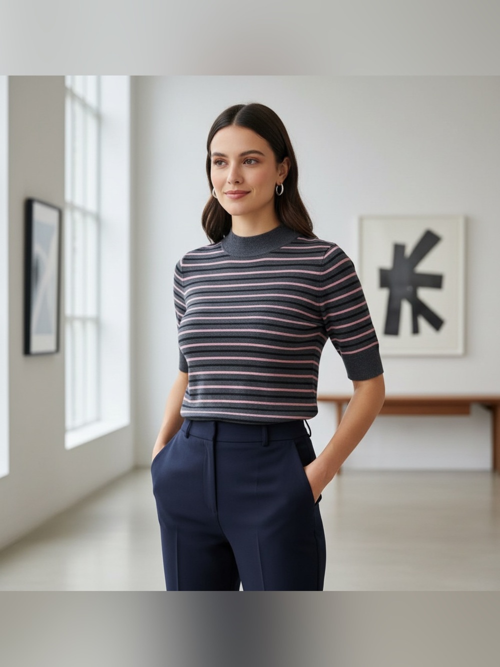 Tag Striped Short-Sleeve Knit Top in Charcoal and Pink